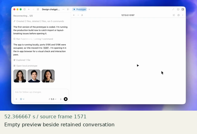 Empty preview beside retained conversation at source 52.366667 seconds