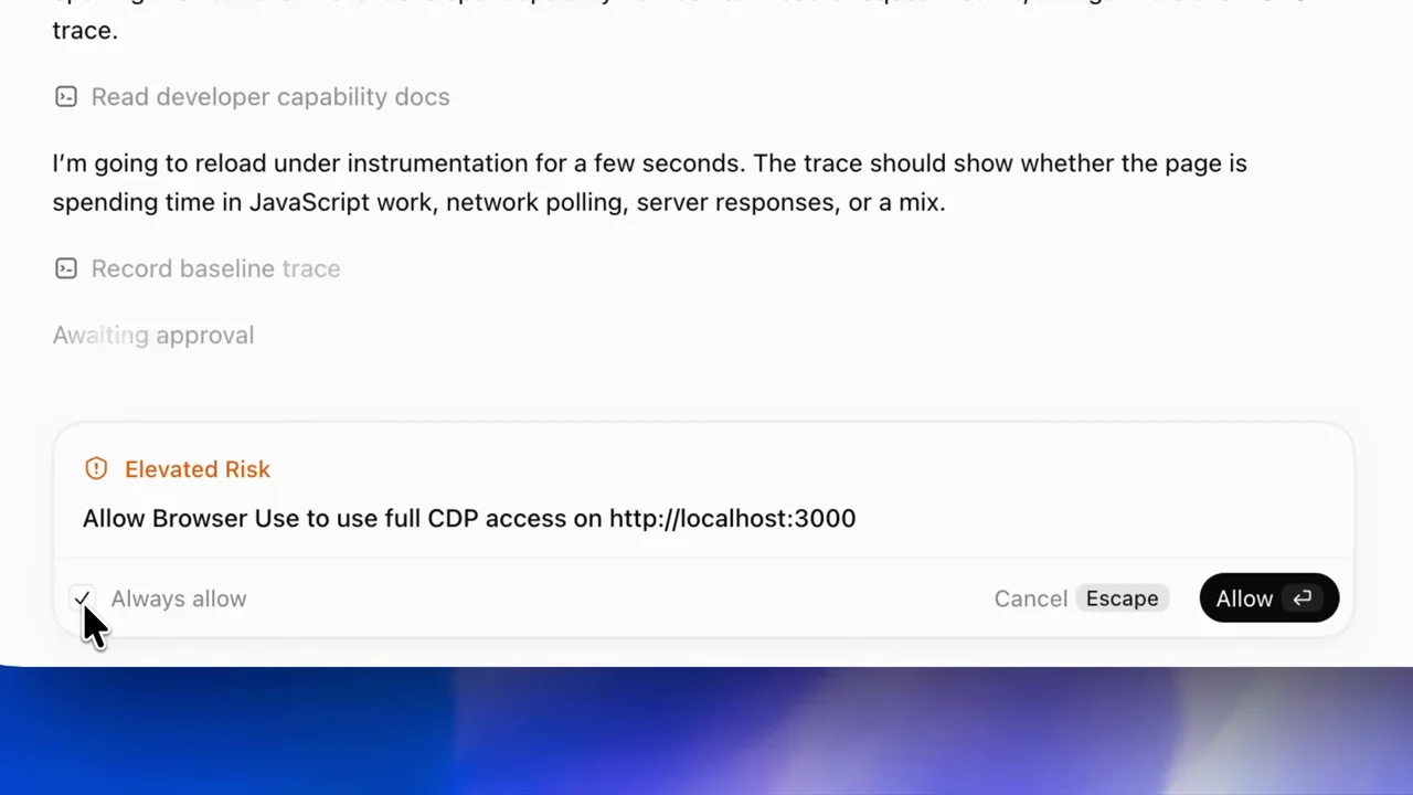 An approval card asks to allow browser access.