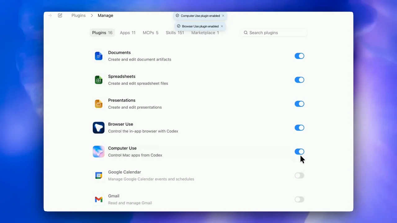 A plugin list scrolls through enabled integrations.
