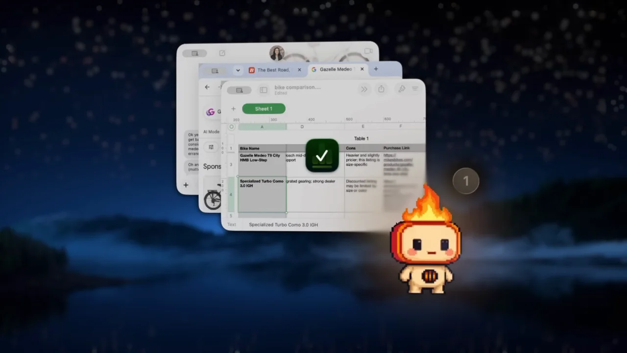 A calendar-like task window fronts the stack before a completion mark appears.