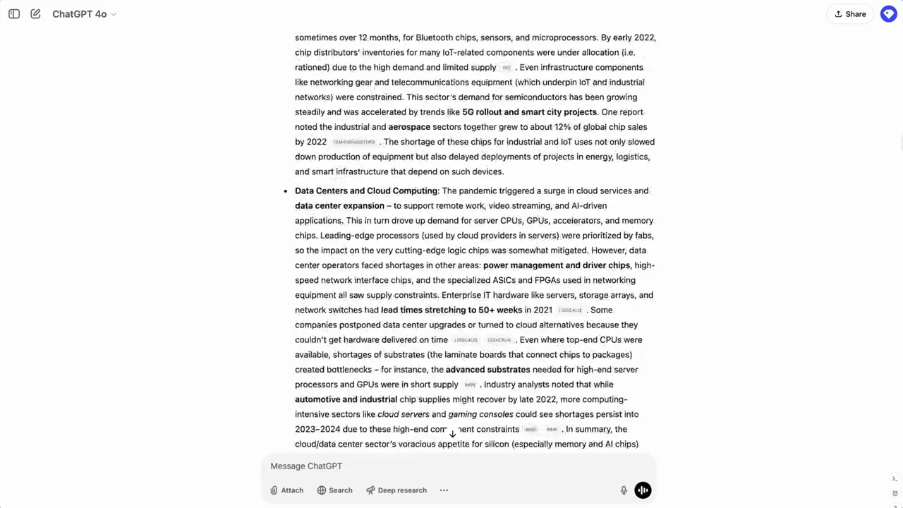 A long research response fills the software view.