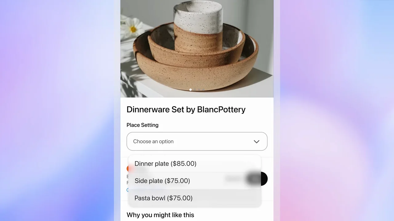 Phone recommendations lead to a product and variant menu.