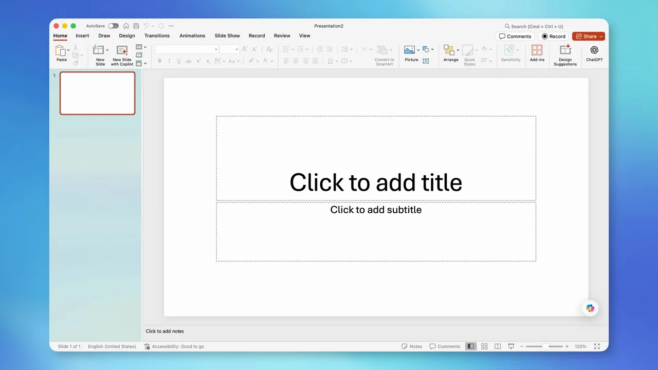 PowerPoint opens on an empty title slide.