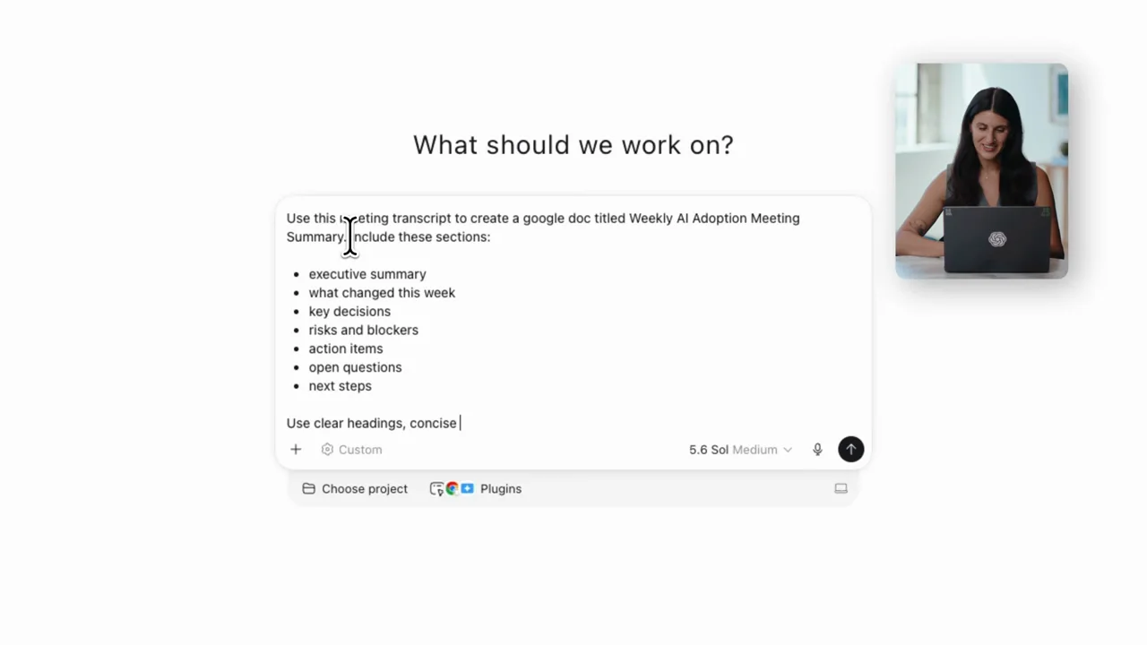 A prompt specifies sections, concise formatting, decisions, and action items.