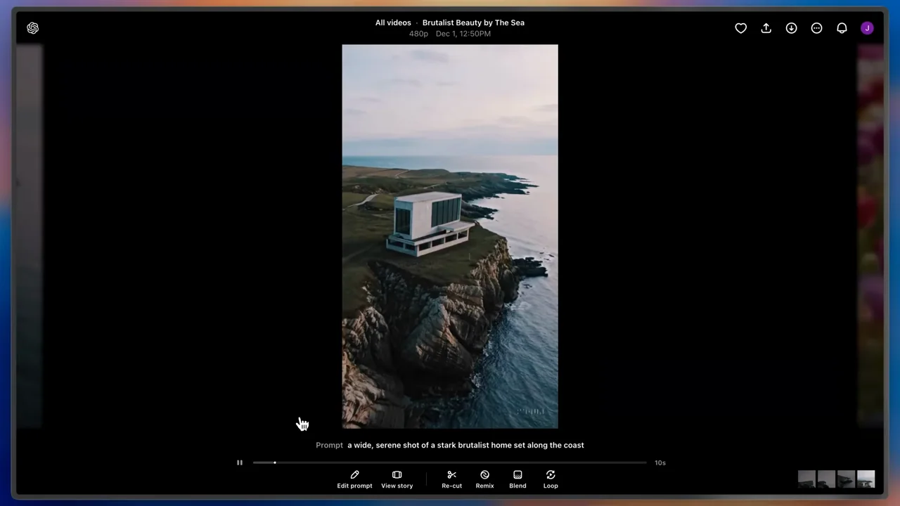 A portrait coastal-building clip plays inside a dark viewer over a colored desktop.