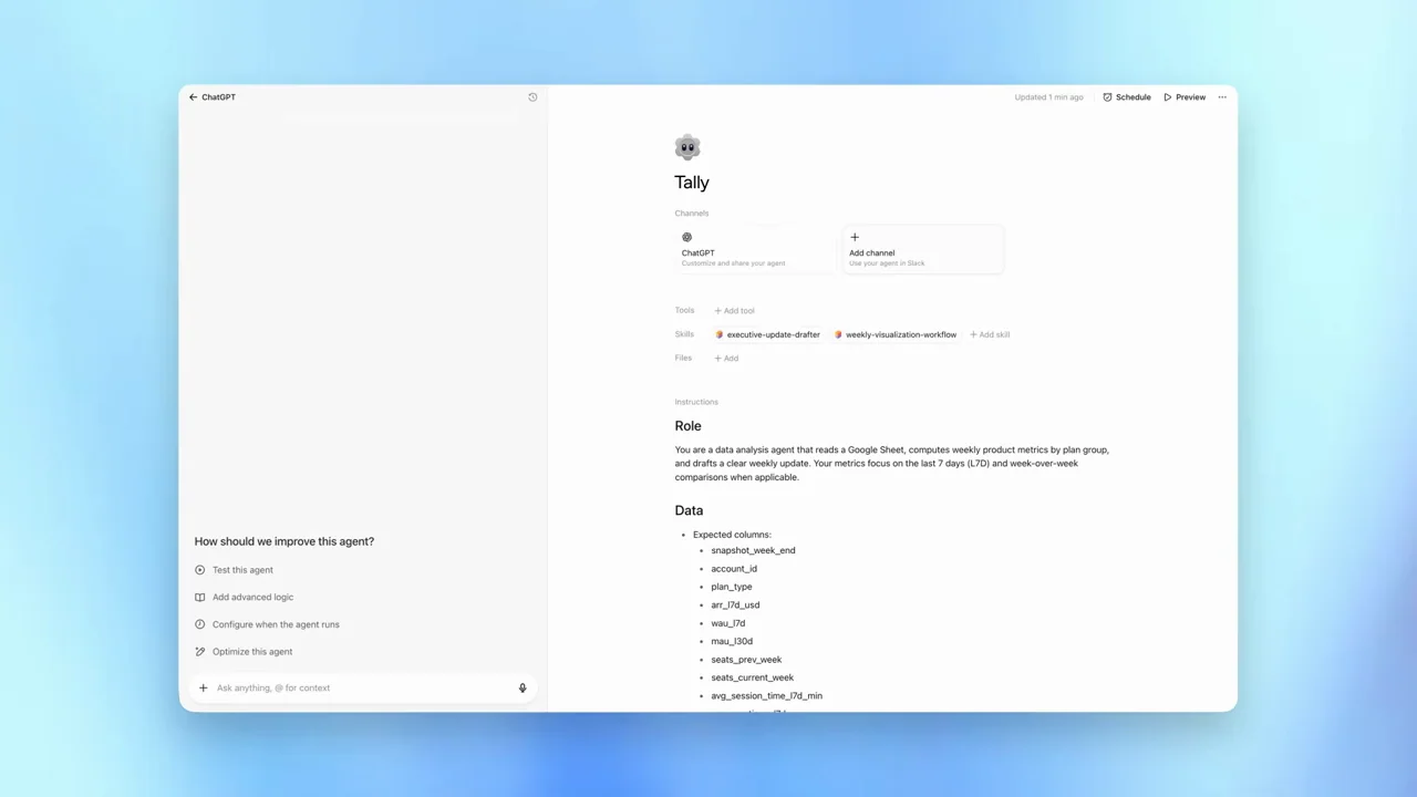 The Tally agent opens a connected-tool picker.