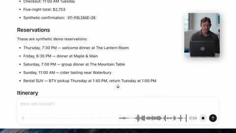 Source frame at 35.500s. Reservation text, dictation, build preview, expense table.