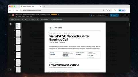 Source frame at 15.500s. Opening cards, Slack message and earnings PDF.