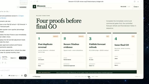 Source frame at 50.500s. Four-part board page, dark-green cover, two assumption sliders.