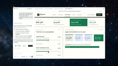 Source frame at 65.500s. Four-part board page, dark-green cover, two assumption sliders.