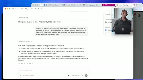 Source frame at 120.500s. Chat summary and filled absence-request modal.