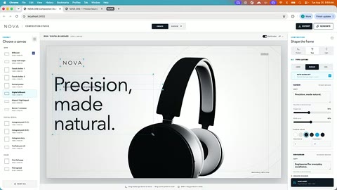 Source frame at 75.500s. Headphone editor and rows of generated advertisements.