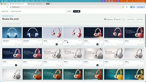 Source frame at 90.500s. Headphone editor and rows of generated advertisements.