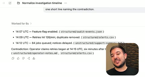 Source frame at 40.500s. Black-shirted speaker, application overview, enlarged incident timeline.