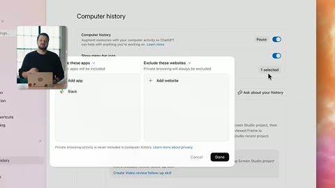 Source frame at 125.500s. Presenter, exclusion dialog, and detailed activity-history entries.