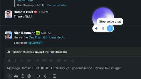 Source frame at 160.500s. Pitch slide, Slack message, flight and hotel summaries.