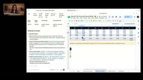 Source frame at 75.500s. Spreadsheet, slide deck, and memo with red passages.