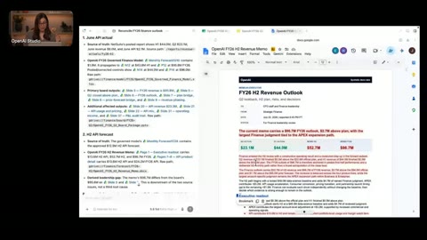 Source frame at 90.500s. Spreadsheet, slide deck, and memo with red passages.