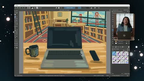 Source frame at 70.500s. Attached photo, painted laptop scene, presenter return.