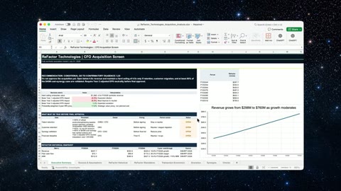Source frame at 75.500s. Overlapping phone/desktop views, document pages, then Excel model.