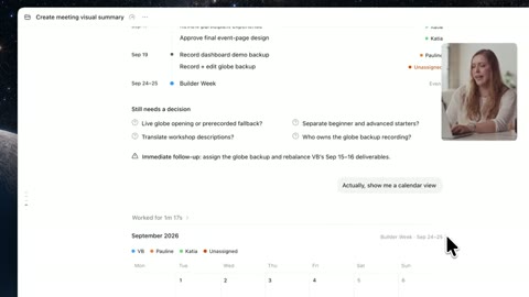 Source frame at 45.500s. Decision summary, timeline, calendar; presenter inset.