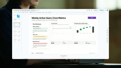 Source frame at 60.500s. KPI prompt, report deck, recurring-task prompt.