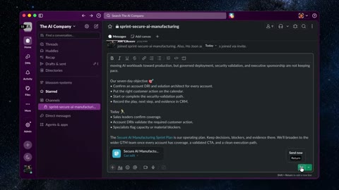 Source frame at 105.500s. Slack membership modal, composer and attached plan.
