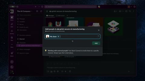 Source frame at 85.500s. Slack membership modal, composer and attached plan.