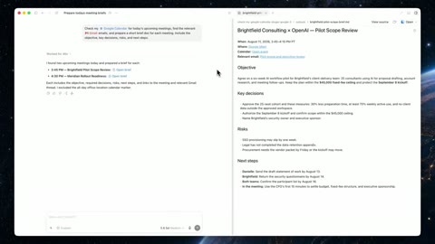 Source frame at 65.500s. Meeting prompt and side-by-side brief document.