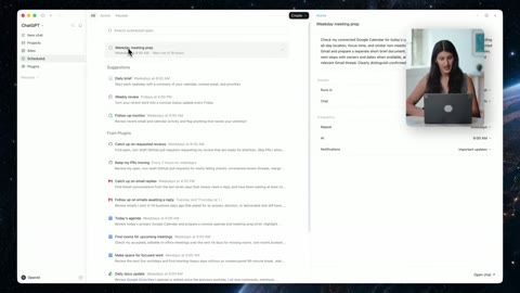 Source frame at 80.500s. Scheduled-task list, timing card, expanded brief.