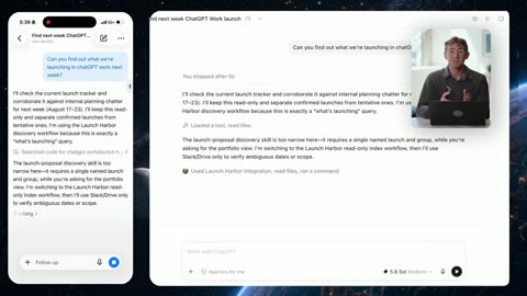 Source frame at 95.500s. Desktop chat, paired phone view, connection settings, presenter.